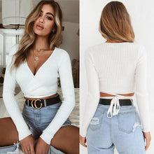 Load image into Gallery viewer, White Long Sleeve Cross V-neck Crop Top
