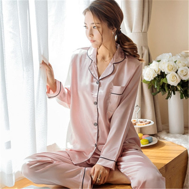 2 Pieces Faux Silk Satin Pajamas Set