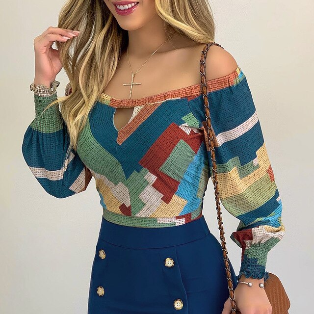 Off-Shoulder Wave Point Print Long Sleeve