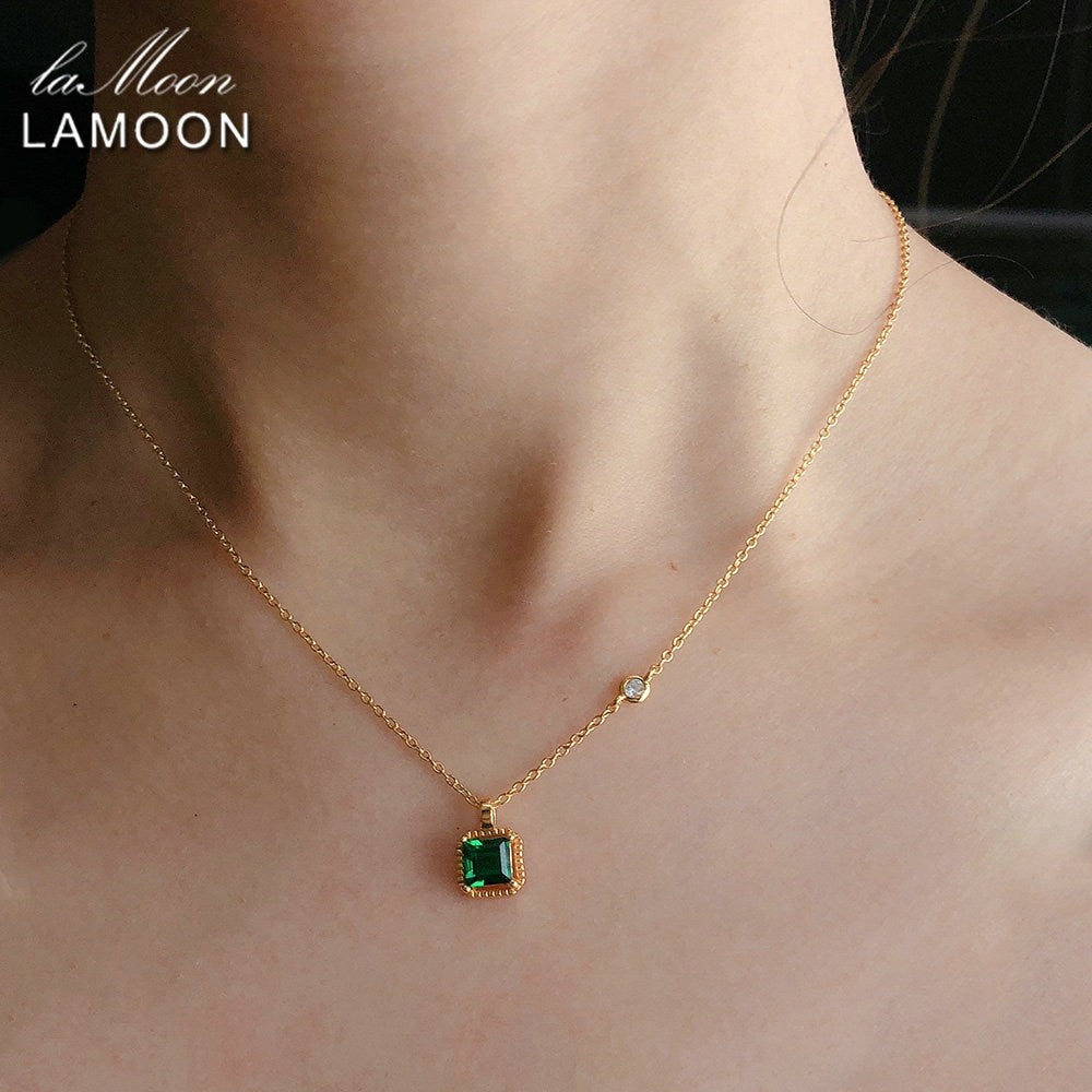 LAMOON 925 Sterling Silver Synthetic Emerald Necklace (Princess Cut Stone 14K Gold Plated)